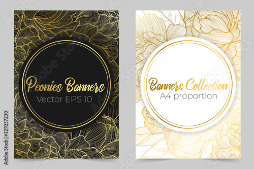 Vector vertical botanical banners with line art gold peonies flower and place for text on black and white background. Floral design for natural cosmetics, perfume, women products.  photo