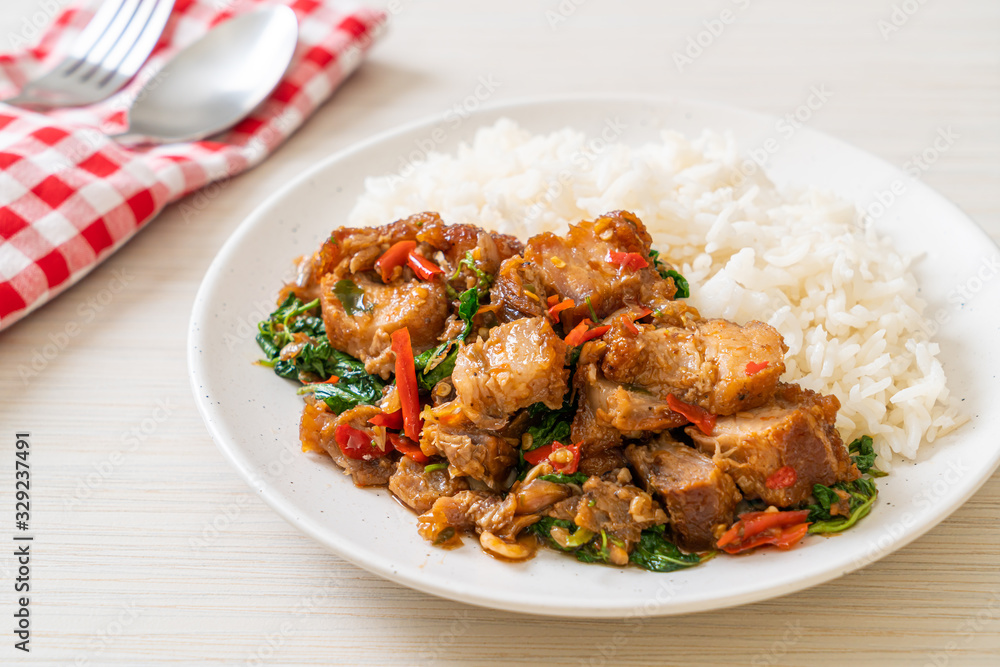 stir-fried crispy pork belly and basil with rice stir-fried crispy pork belly and basil with rice