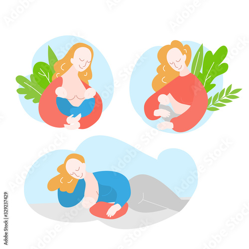 mother during breastfeeding twins. Position for feeding newborn baby. Support of Breastfeeding and motherhood. Cartoon Woman pumps breast milk