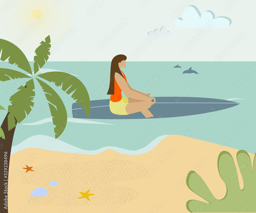 Beach Yoga Training Cartoon Vector Illustration. Woman Sitting in Lotus Position on Surfboard. Cartoon Female Surfer, Girl Swimming and Meditating. Palm Trees, Ocean and Tropical Sea Coast