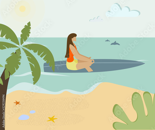 Wallpaper Mural Beach Yoga Training Cartoon Vector Illustration. Woman Sitting in Lotus Position on Surfboard. Cartoon Female Surfer, Girl Swimming and Meditating. Palm Trees, Ocean and Tropical Sea Coast Torontodigital.ca