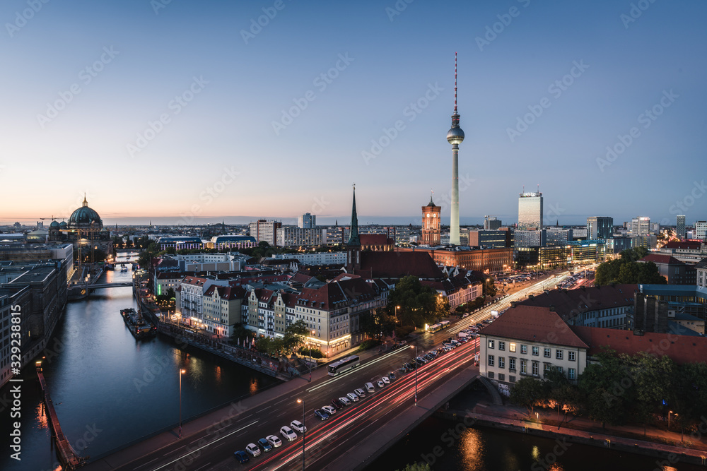 Landscape of Berlin city skyline, aerial view of the Berlin television tower at night