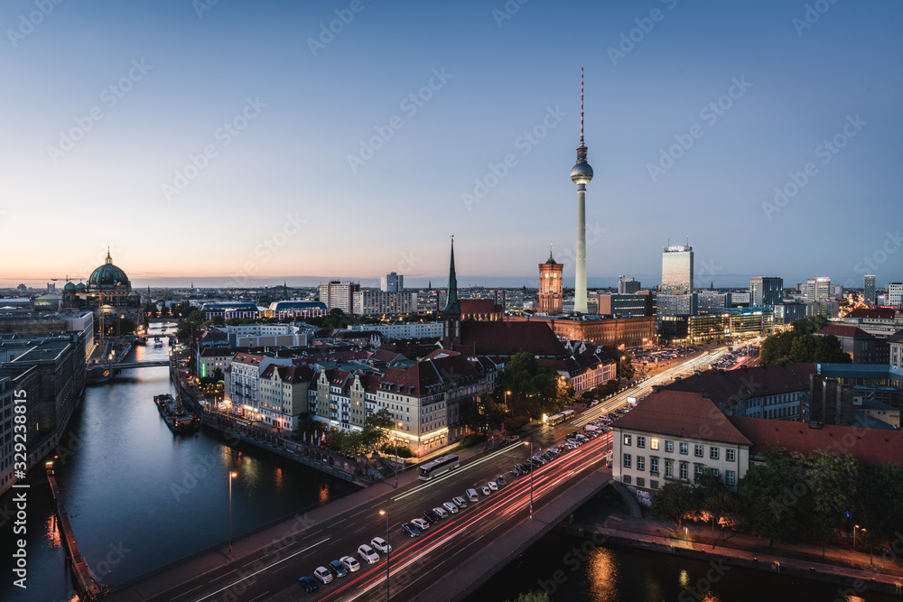 Landscape of Berlin city skyline, aerial view of the Berlin television tower at night Landscape of Berlin city skyline, aerial view of the Berlin television tower at night