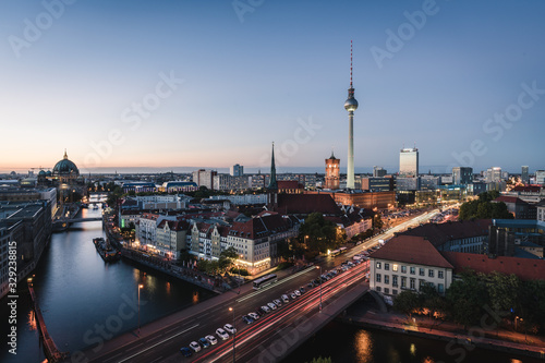 Landscape of Berlin city skyline  aerial view of the Berlin television tower at night