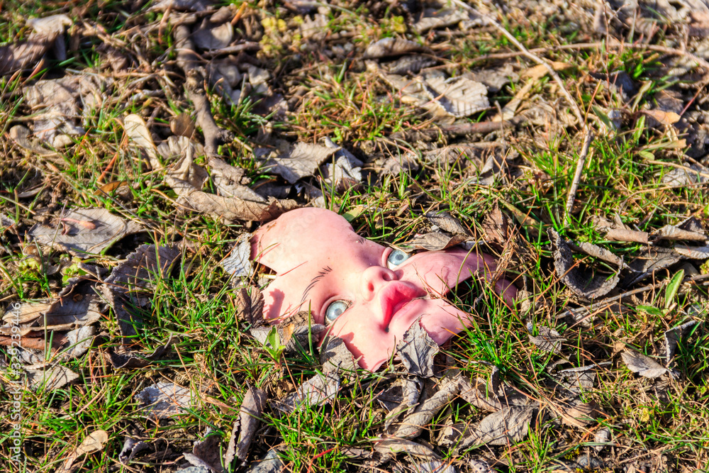 Old broken doll face in leaves on ground Old broken doll face in leaves on ground