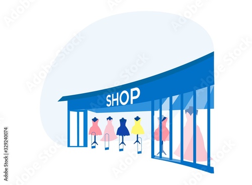 Shop Storefront with Women Clothing, Beautiful Female Short and Long Dresses Hanging on Dummies Behind of Glass Store Showcase , Modern Fashion, Festive Girls Clothes. Cartoon Flat Vector Illustration