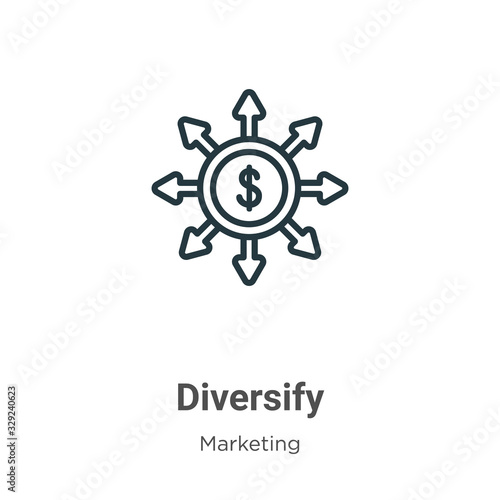 Diversify outline vector icon. Thin line black diversify icon, flat vector simple element illustration from editable marketing concept isolated stroke on white background