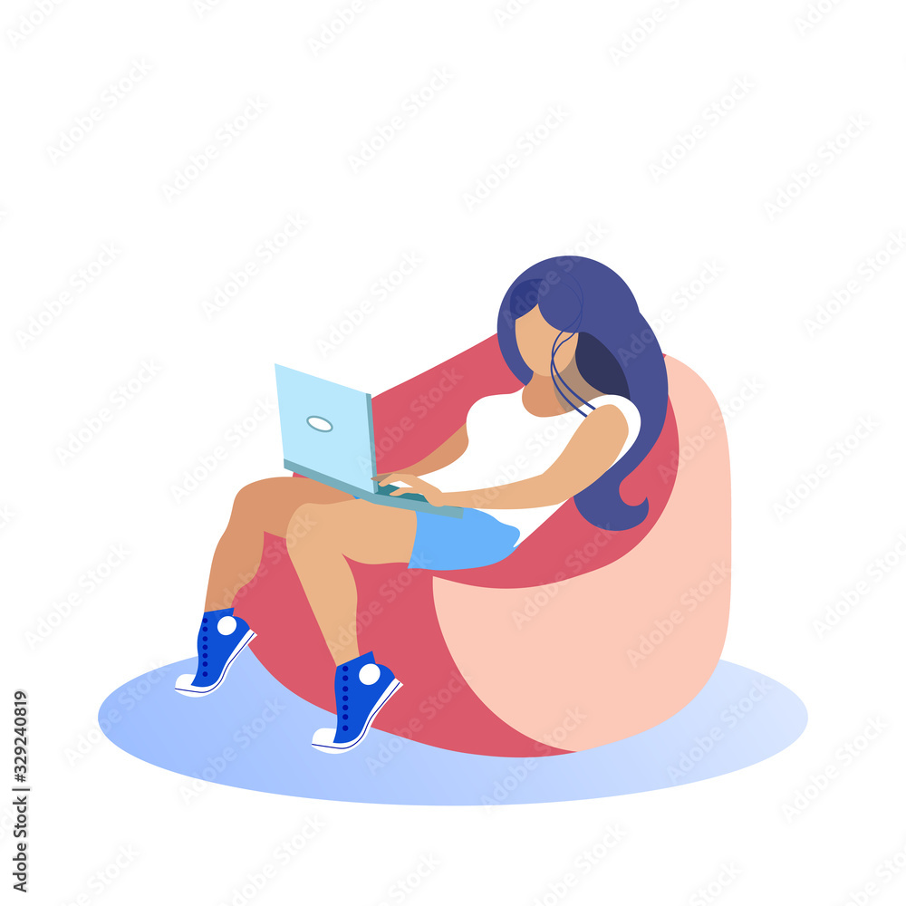 Obraz premium Young Woman in Blue Sneakers Sits on Soft Chair with Laptop. Coworking Center. Spending Time in Internet. Vector Illustration. Communicate Online. Woman in Comfortable Red Chair on White Background.