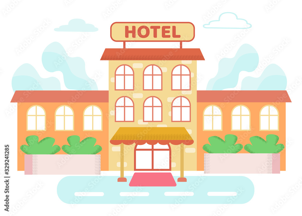 Informational Poster on Building is Written Hotel. Information Booklet with Price List and Hotel Services. Banner Travel Agency Settles to Hotel During Tour Cartoon. Vector Illustration. Informational Poster on Building is Written Hotel. Information Booklet with Price List and Hotel Services. Banner Travel Agency Settles to Hotel During Tour Cartoon. Vector Illustration.