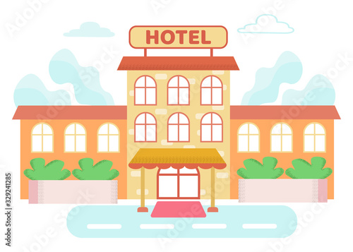 Fototapeta Naklejka Na Ścianę i Meble -  Informational Poster on Building is Written Hotel. Information Booklet with Price List and Hotel Services. Banner Travel Agency Settles to Hotel During Tour Cartoon. Vector Illustration.