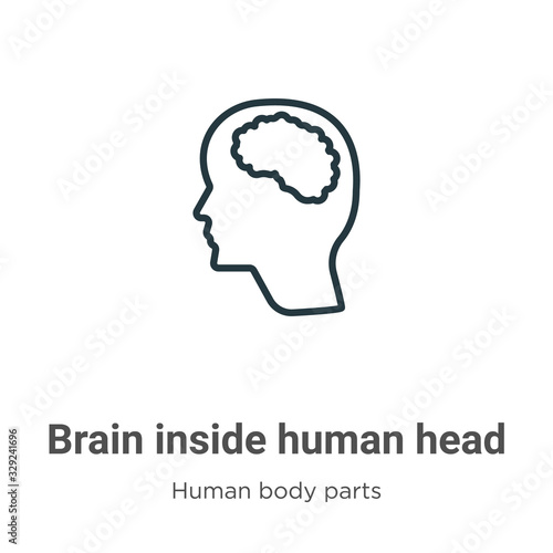 Brain inside human head outline vector icon. Thin line black brain inside human head icon  flat vector simple element illustration from editable human body parts concept isolated stroke on white