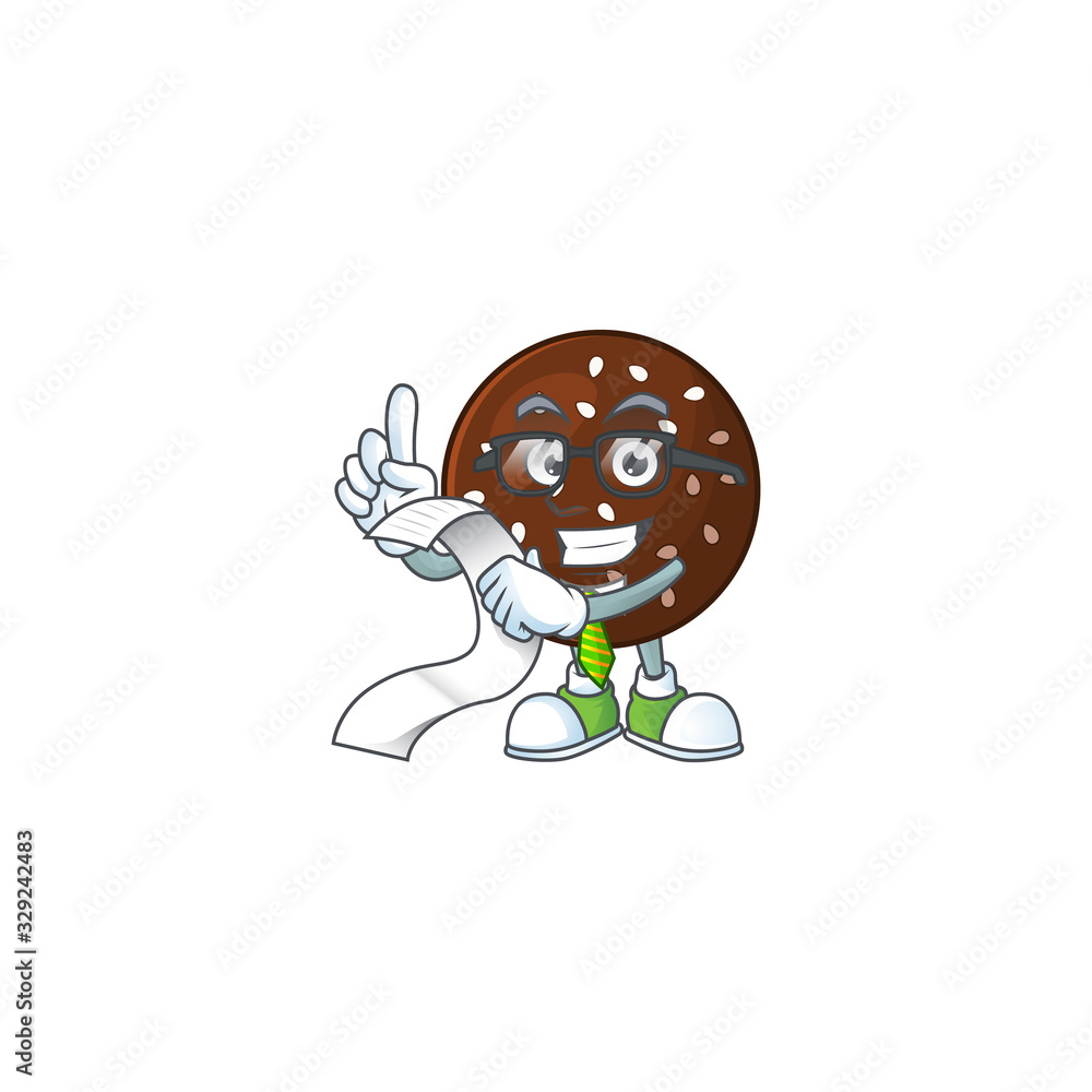 cartoon character of chokladboll holding menu on his hand
