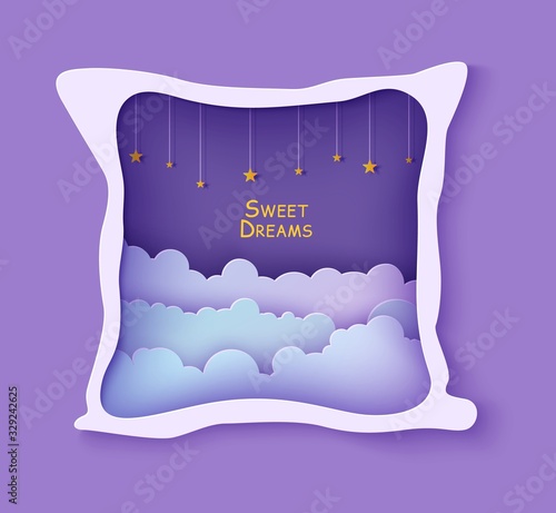 Night sky clouds frame like pillow with gold stars on rope in paper cut style. Cut out 3d backdrop with violet blue gradient cloudy landscape papercut art, vector card for wish sweet dreams good night