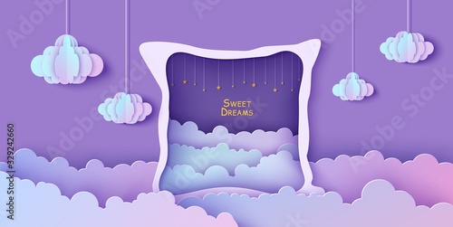 Night sky clouds frame like pillow with gold stars on rope in paper cut style. Cut out 3d backdrop with violet blue gradient cloudy landscape papercut art. Vector card for wish sweet dreams good night