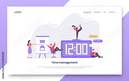 Tiny people characters working together with clock, character people. Teamwork and time management concept flat style design vector illustration isolated white background.