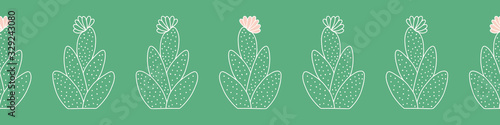 Cactus outline seamless banner background. Cute vector border pattern design of flowering desert plant in green and pink.