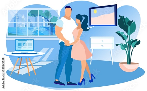 Athletic Looking Man and Stylish Woman, Presenters in Home Teleshopping Studio. Spacy Showroom. Infomercial Graph as Presentation Part on Laptop. Big Window Faces Summer Cityscape with Green Tree.