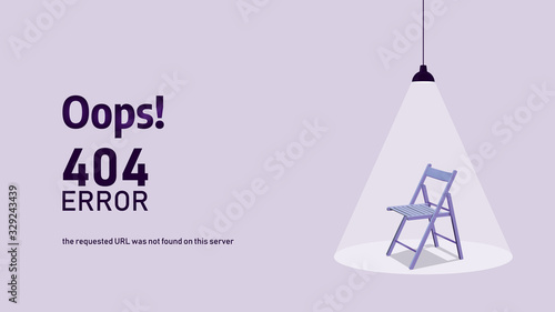 404 error page design for website with empty chair illustration, layout template.