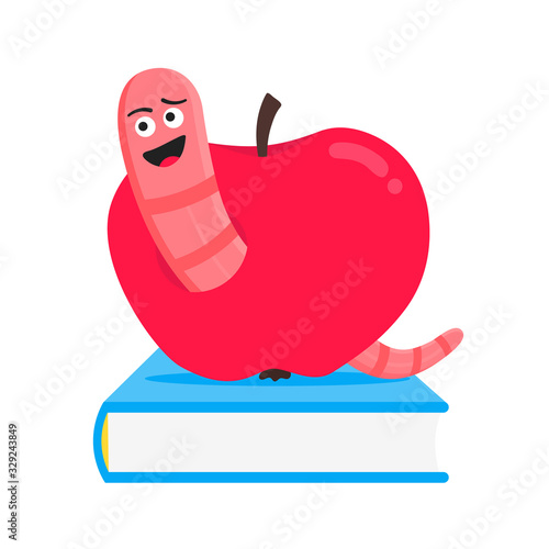 Worm with apple cartoon character icon sigh. Worm with face expression smilling pop up above the apple standing on the books flat style design vector illustration. Crawling animal creature.