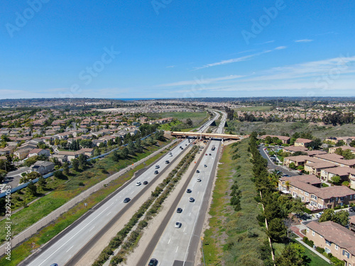 Aerial view of bridge construction crossing the highway, California, USA