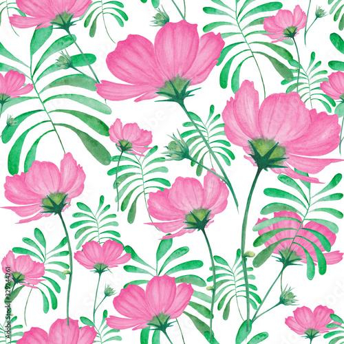 Seamless pattern of watercolor pink flowers with leaves. Abstract design for spa  relax  holiday. Arrangement perfectly for printing design on invitations  cards  wall art and other. Hand painted