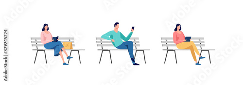 Young people sitting in the park on the bench. Rest and outdoor quiet time. Vector illustration.
