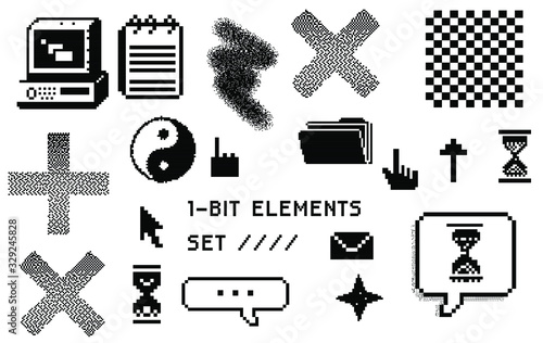 Set of pixel art elements in vaporwave retro 80's style. Geometric shapes and user interface icons.
