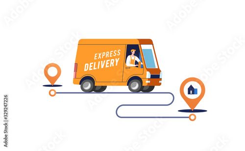Express delivery truck with man is carrying parcels on points. Vector illustration.