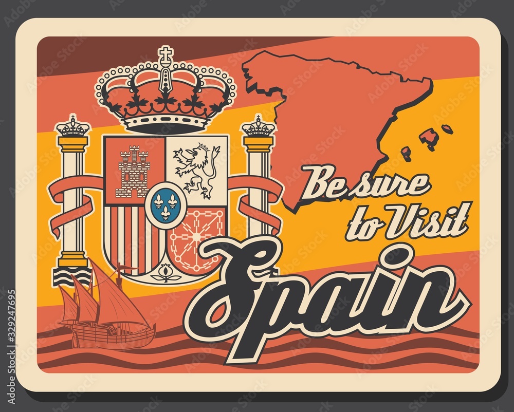 Travel to Spain retro poster with map and coat of arms in colors of Spanish flag. Vector heraldic lion, castle, crown of Aragon and cross with chains on shield with fleur-de-lis, Spain crown, columns