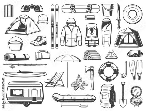 Travel tourism equipment isolated vector icons set. Fishing, hiking and camping tools snowboard and skis, travel trailer and tent, axe, boat, backpack and fishery gear, campfire and sleeping bag, van