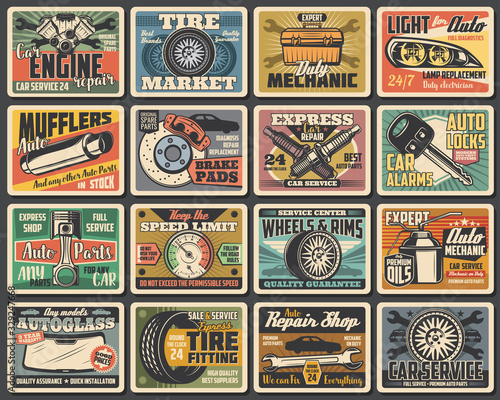 Car service and auto parts metal plates. Vintage vector cards of repair shop, vehicle wheel tire and rims, motor oil, mechanic toolbox, spark plugs, car alarm anti-theft system, key and lock service