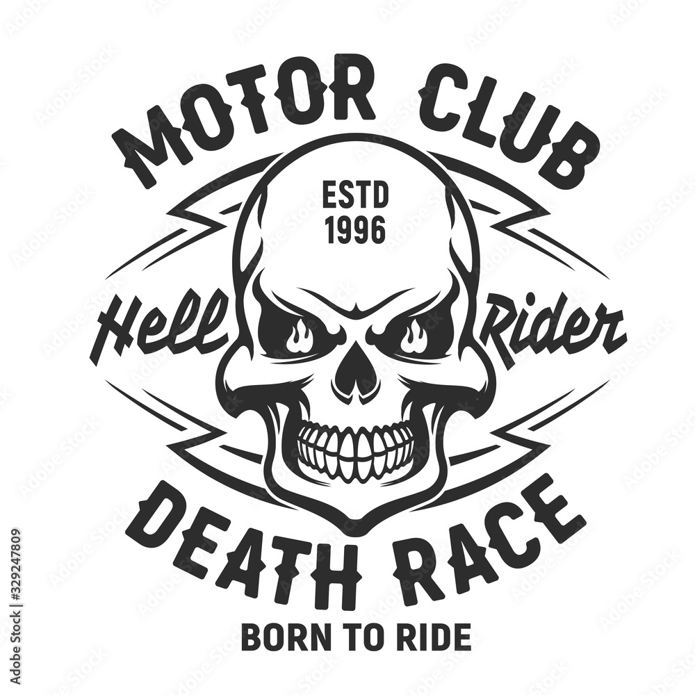 Fototapeta premium Skull t-shirt print mockup, motor club or bikers society emblem, motorcycle racers skull death head mascot. Vector T-shirt print with outline monochrome drawing of cranium with fire in eyes sockets