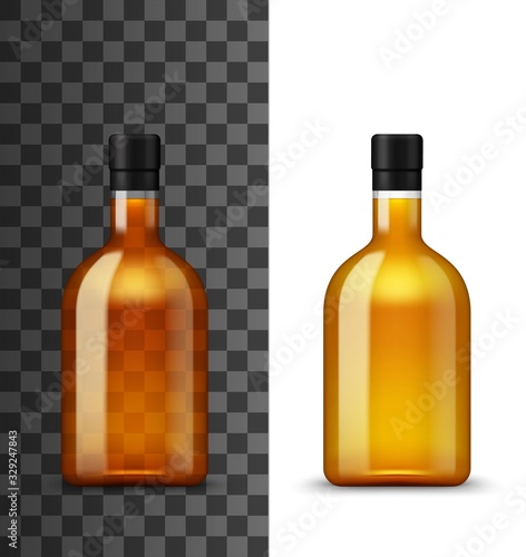 Alcohol drink glass bottle realistic 3d vector mockup. Closed blank bottle with brown liquid of craft beer or brandy, gin, tequila or cognac, rum and scotch, bourbon whiskey beverage