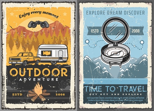Travel, tourism, trailer home retro posters. Vector rv camping house, motorhome caravan and suv pickup car riding on mountain landscape, vintage cards with compass, route track, traveling vehicle