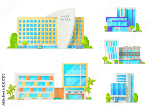 Hotel and motel buildings architecture isolated icons. Luxury apart hotel, city hostel apartments, resort with glass facade, parked cars and palm trees. Cartoon vector hotel buildings