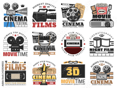 Cinema and movie theater, film making isolated icons vector set. Retro film reel, popcorn and 3d glasses, screen, camera and cinema tickets, director chair and clapperboard, videotape vintage icons