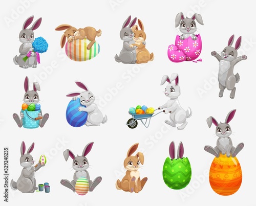 Easter bunny and rabbit with egg vector icons set of religion holiday and egghunting design. Cute cartoon hare animals with spring flower bouquet, Easter painted eggs, egghunting basket, wheelbarrow