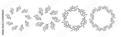 Set of 4 frames with floral elements. Rustic. Hand drawn simple line. Black stroke.