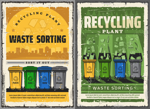 Wastes sorting and garbage recycling retro posters. Vector waste bins for litter segregation. Glass, paper, plastic and organic rubbish bio refuse recycle disposal containers, ecology conservation