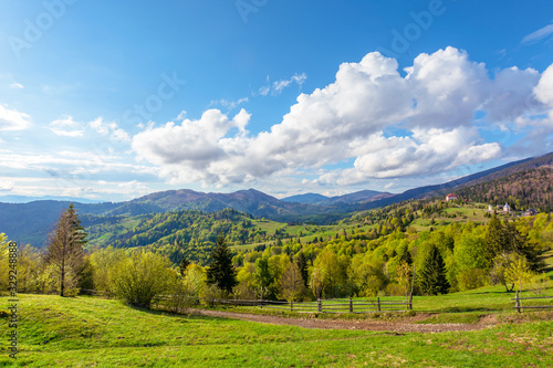 wonderful rural landscape in mountains. fields and meadows on hills rolling in to the distant ridge. trees in fresh green foliage. dirt road and fence through hillside. fluffy clouds on the sky