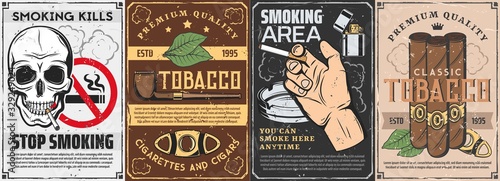 Tobacco and smoking items retro posters. Vector cigars, pipe with premium quality label and cutter, tobacco production factory or gentleman club. Stop smoking sign, skull and human hand with cigarette