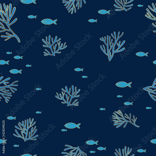School of fish with coral reef border in Classic blue and gold color vector background for decoration on summer events.