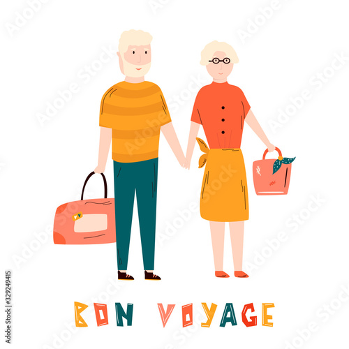 Happy retired couple traveling together Flat image