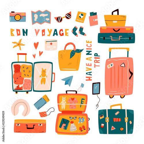 Big set of doodle suitcases, luggage cases, bags. Fototapeta