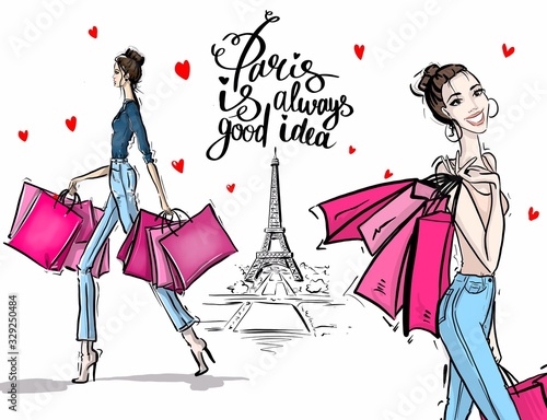 Two stylish girls make shopping in Paris. Illustration sketsh photo