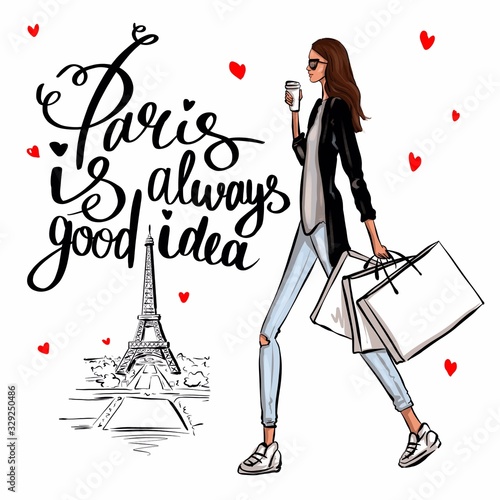 Fototapeta Girl make shopping in Paris. Illustration Sketch