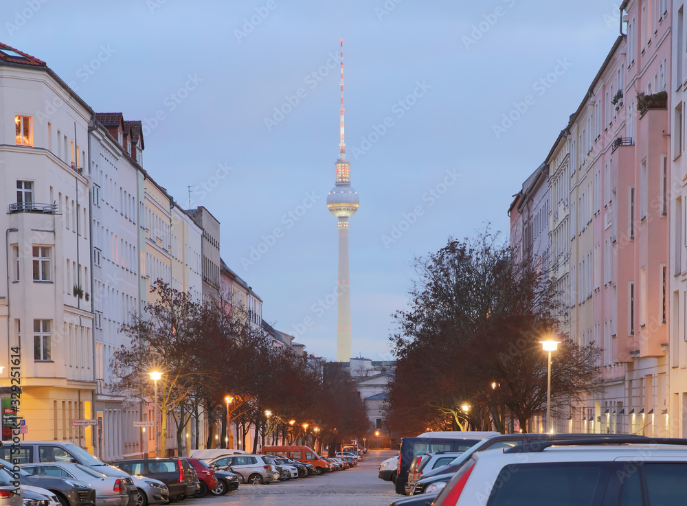 Berlin, Germany on 01.01.2020. The famous Fernsehturm television broadcasting tower at Alexanderplatz in downtown Berlin, Germany