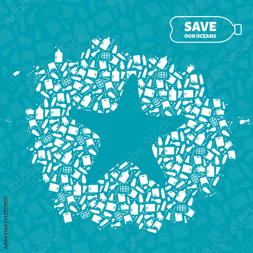 Plastic trash planet pollution concept vector illustration. Starfish ocean animal outline cut in plastic waste flat icon patch. Environmental protection concept, microplastic pollution problem graphic