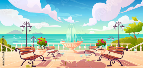 Summer seafront with fountain, benches and vintage fence. Vector cartoon sea landscape with quay, empty ocean promenade with decorative trees, street lamps and gulls