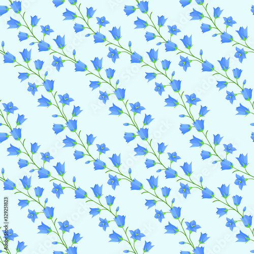 Vector seamless pattern with diagonal bellflower (campanula flowers) twigs; spring natural design for fabric, wallpaper, wrapping paper, packaging, web design.